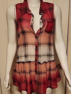 Justice Red Peach Ombre Plaid Sleeveless Button-Up Tunic